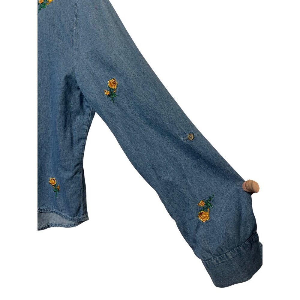 VTG Harper Heritage Women XL Denim Shirt Yellow Rose Embroidery Asymmetrical Hem - Picture 4 of 16